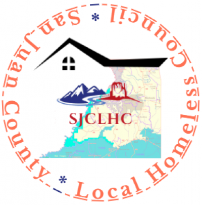 A picture of San Juan County Map under a house roof and letters SJCLHC surrounded with San Juan County Local Homeless Council