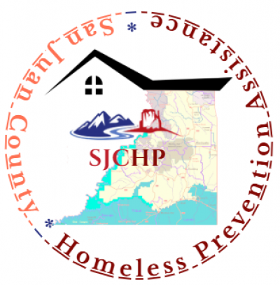 San Juan County Map under a house roof with letters SJCHP surrounded with San Juan County Homeless Prevention Assistance Pic