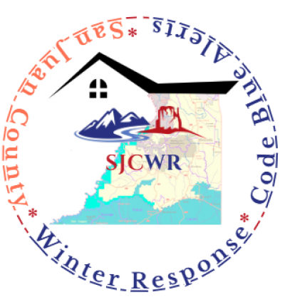 San Juan County Map under a house roof with letters SJCWR surrounded with San Juan County Winter Response Code Blue