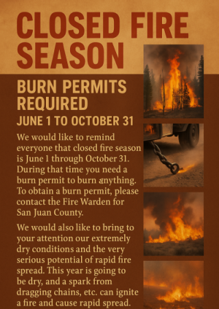 CLOSED FIRE SEASON   San Juan County | June 1 – October 31 Burn Permits Required 