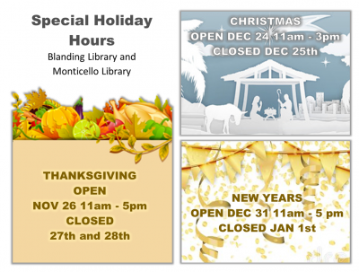 Libraries closed November 27-28. Libraries closing early (5pm) November 26