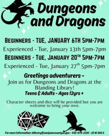 Blanding library D&D night for beginners: Jan. 6 at 5pm and Jan. 20 at 5pm