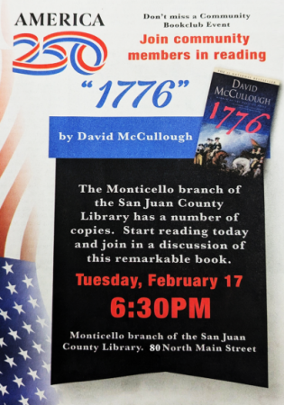 Community book club meeting at the Monticello library will be discussing "1776" February 17 at 6:30pm